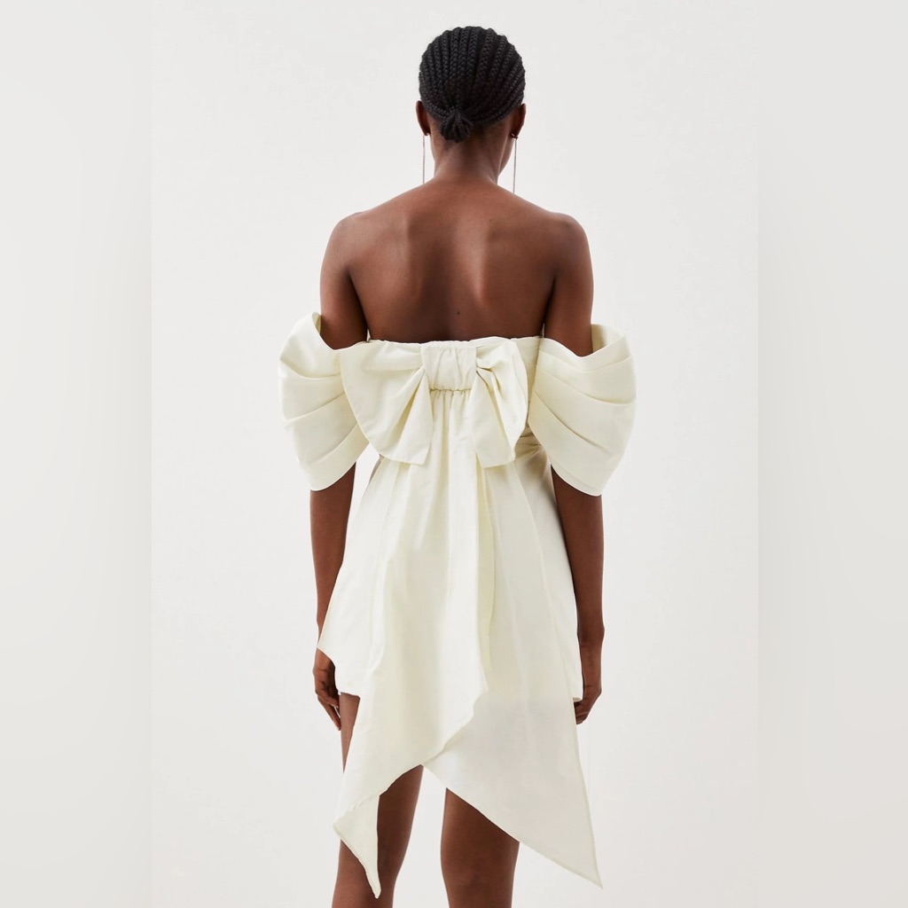 White Mini Dress: Tailored Taffeta Bow Detail Off The Shoulder Mini Dress
